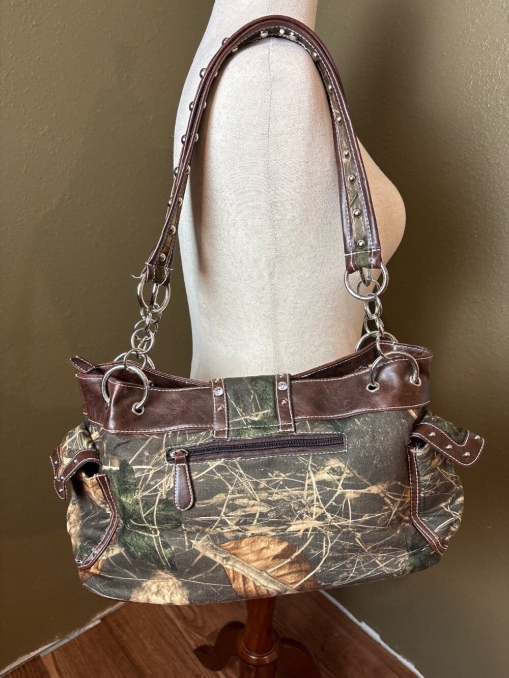 Camo Print Shoulder Bag With Rhinestone Cross & Brown Faux Leather Trim - Picture 2 of 4